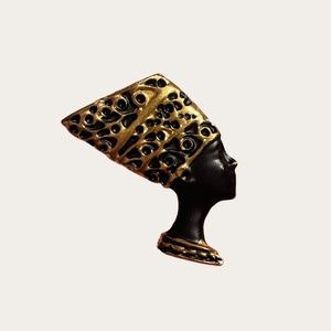Egyptian Nefertiti or Cleopatra Brooch/Pin - Black and Gold Enamel - Vintage!